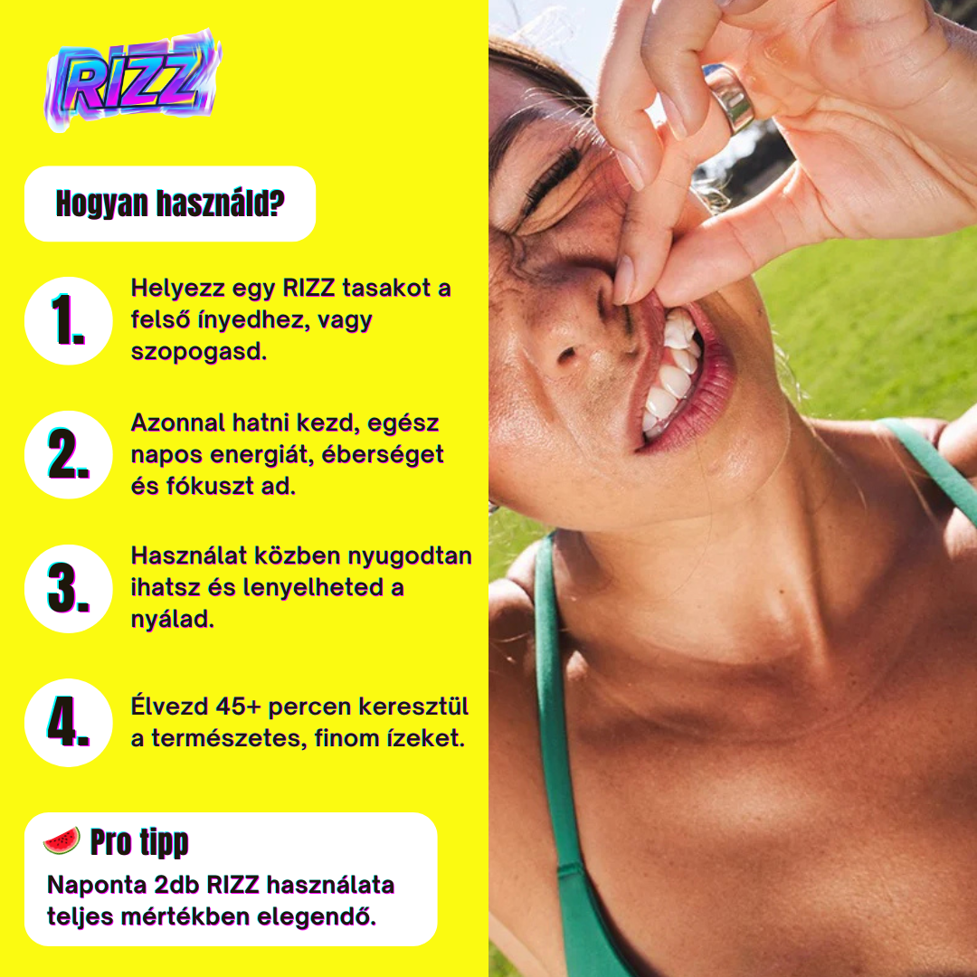 RIZZ - Nikotinmentes | Természetes energia | 75mg koffein | 200mg Oroszlánsörény gomba | Citrusos