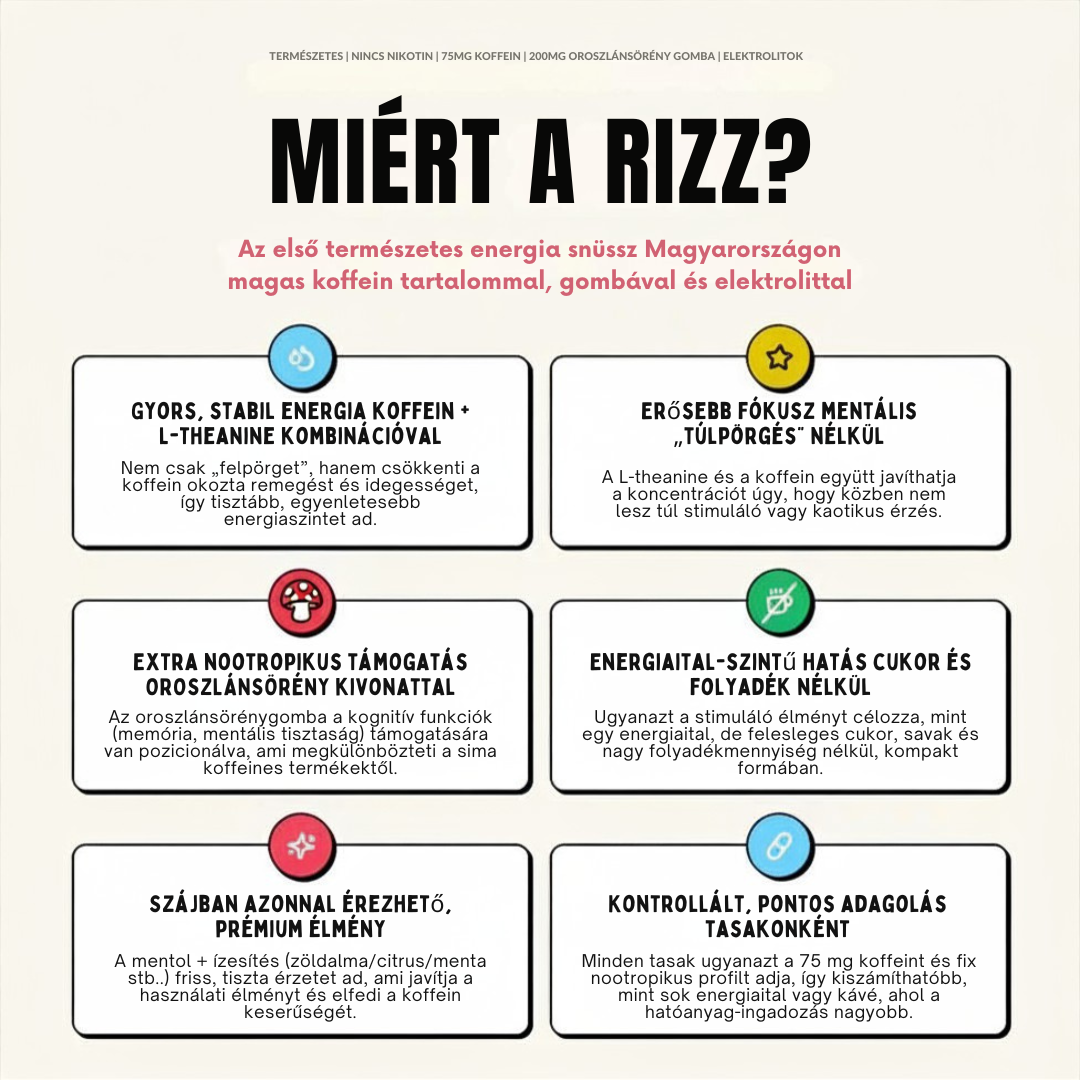 RIZZ - Nikotinmentes | Természetes energia | 75mg koffein | 200mg Oroszlánsörény gomba | Citrusos