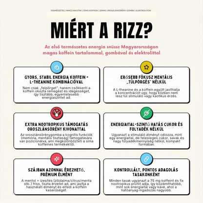 RIZZ - Nikotinmentes | Természetes energia | 75mg koffein | 200mg Oroszlánsörény gomba | Citrusos